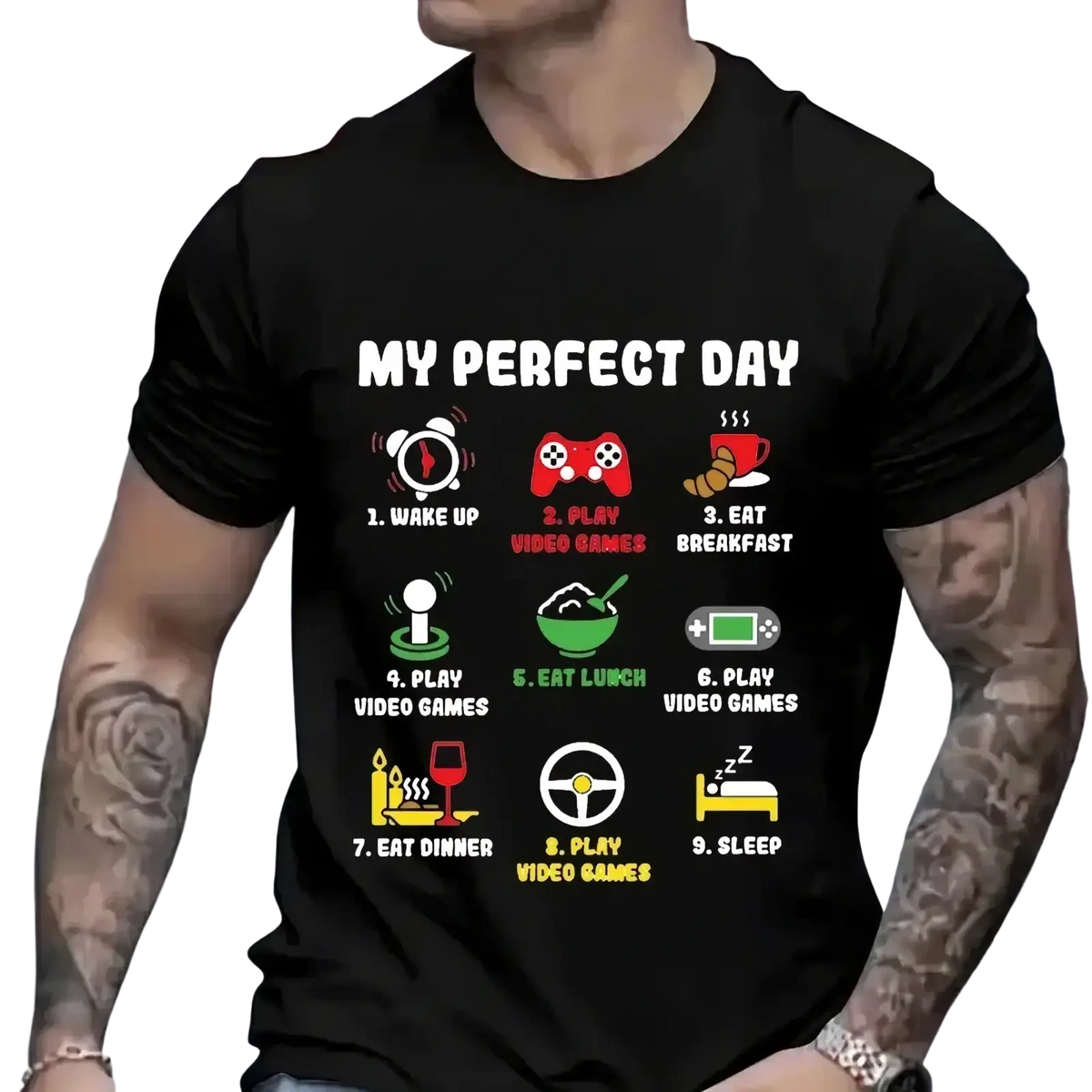 Black short-sleeved gamer perfect day graphic t shirt for men featuring colorful perfect day routine icons