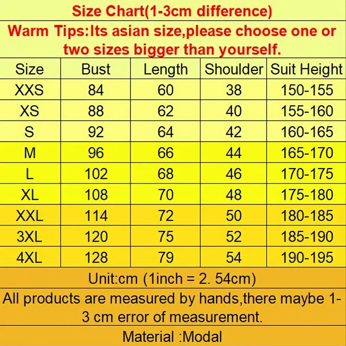 Yellow size chart for a modal gamer perfect day graphic t shirt men with measurements in centimeters