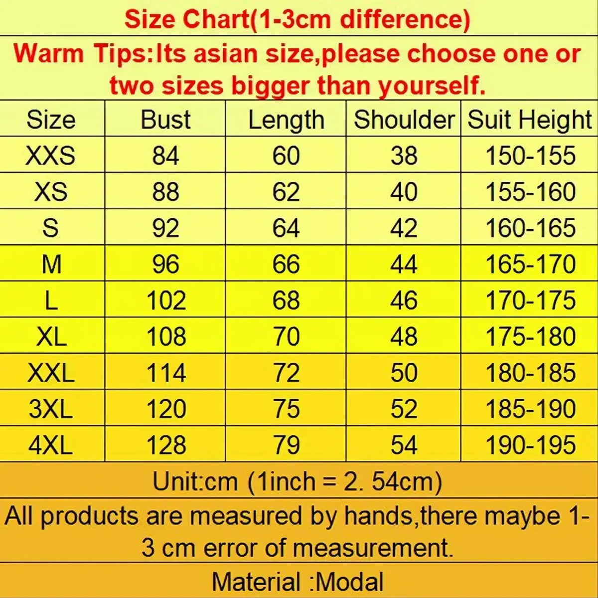 Yellow size chart for modal gamer perfect day graphic t shirt men with measurements in centimeters
