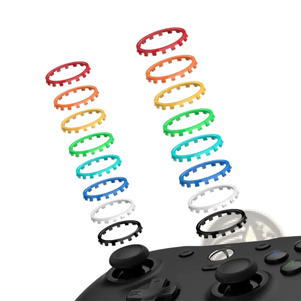Rainbow-colored gear-shaped plastic thumbstick grips from the Gamesir G7 magnetic faceplate and accessories kit