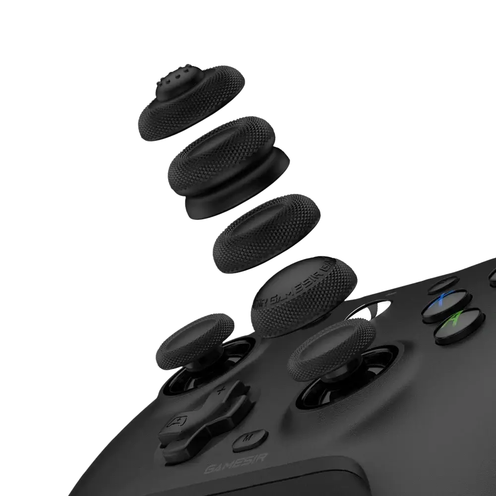 Black textured grip caps for gamesir controller with ergonomic ridges and game sir logo from gamesir g7 magnetic faceplate kit