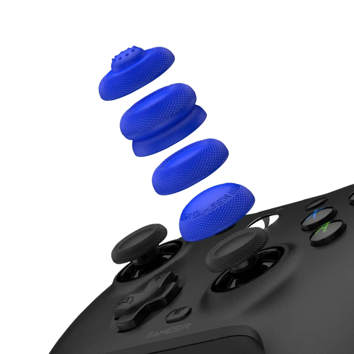 Blue textured grip caps for a black Gamesir G7 magnetic faceplate controller accessory kit
