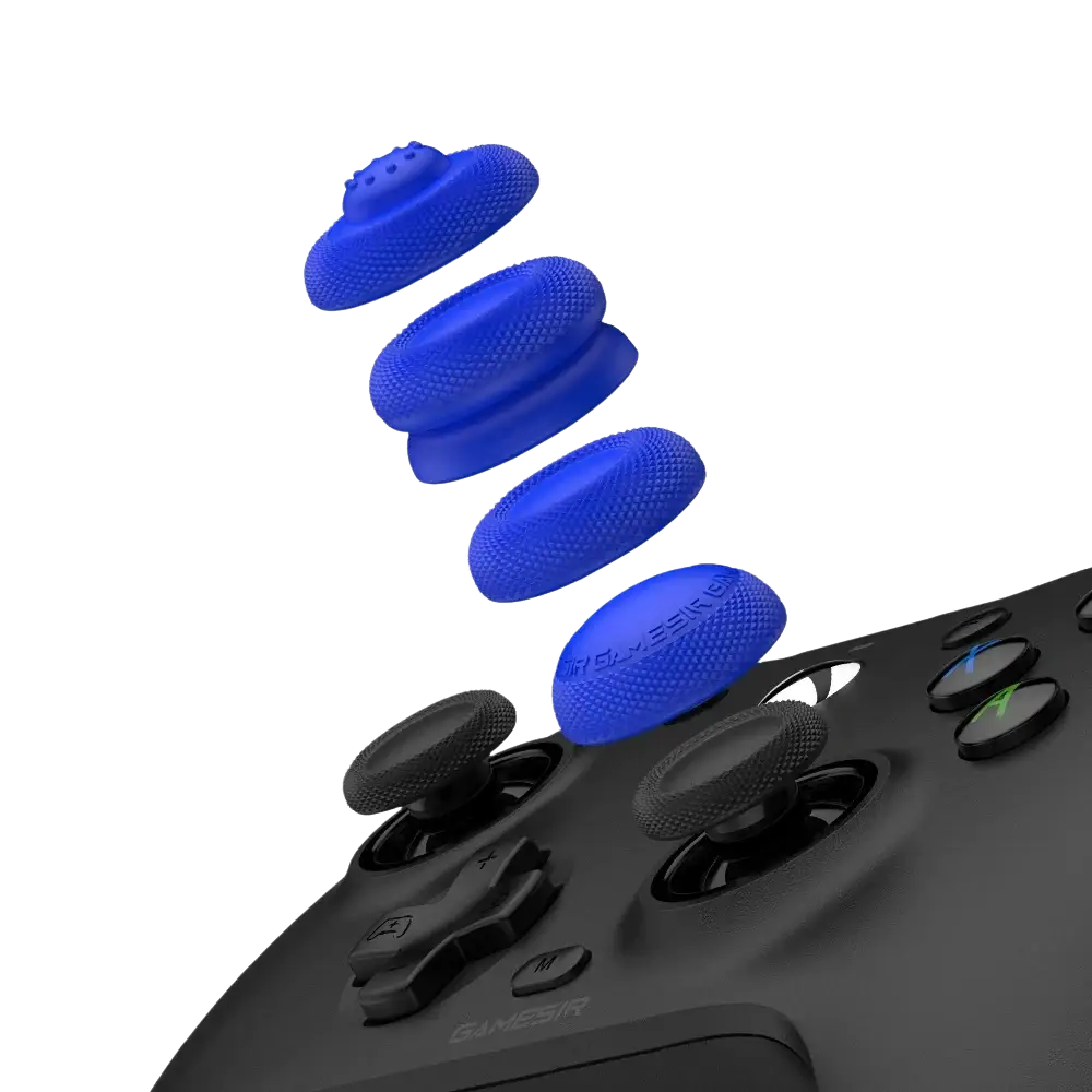 Blue textured grip caps for a black Gamesir G7 magnetic faceplate controller accessory kit