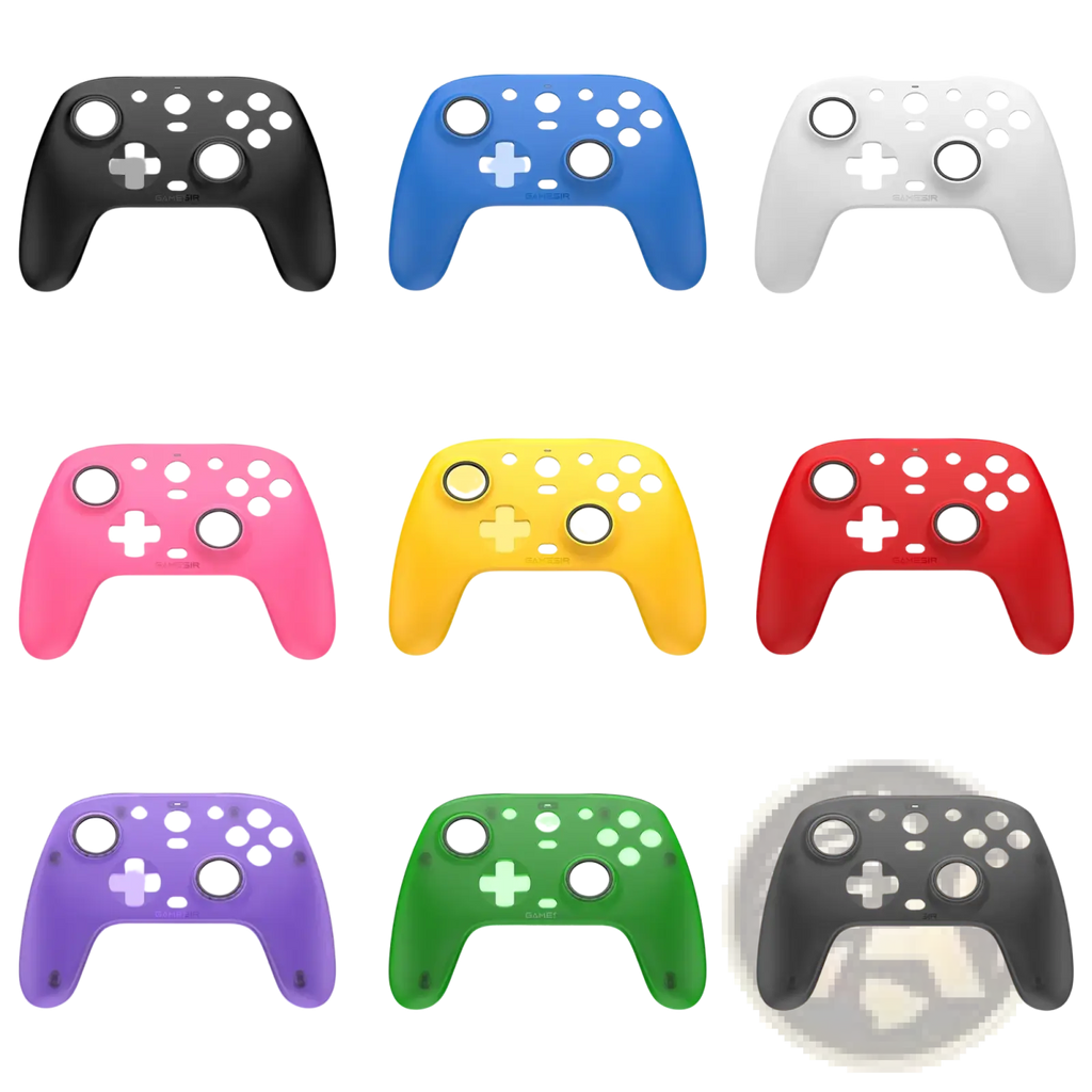 A collection of colorful translucent silicone controller covers in nine vibrant hues from the Gamesir G7 magnetic faceplate kit