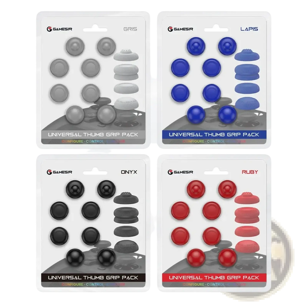 The image shows four gamesir universal thumb grip packs in gray blue black and red for the Gamesir G7 magnetic faceplate kit