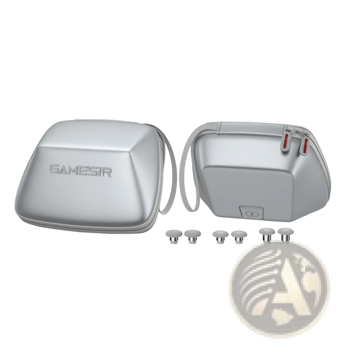 Silver gamesir g7 magnetic faceplate kit featuring a hard-shell controller case with matching thumbstick caps and red zipper pulls