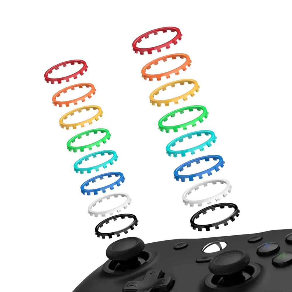 Rainbow-colored gear-shaped plastic thumbstick grips from the Gamesir G7 magnetic faceplate and accessories kit