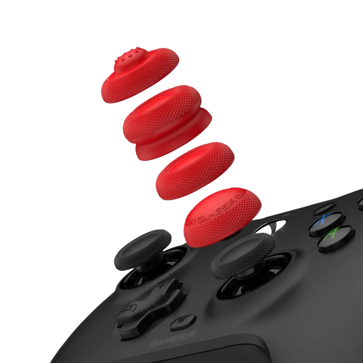 Red textured grip caps for a black Gamesir controller included in the Gamesir G7 magnetic faceplate and accessories kit