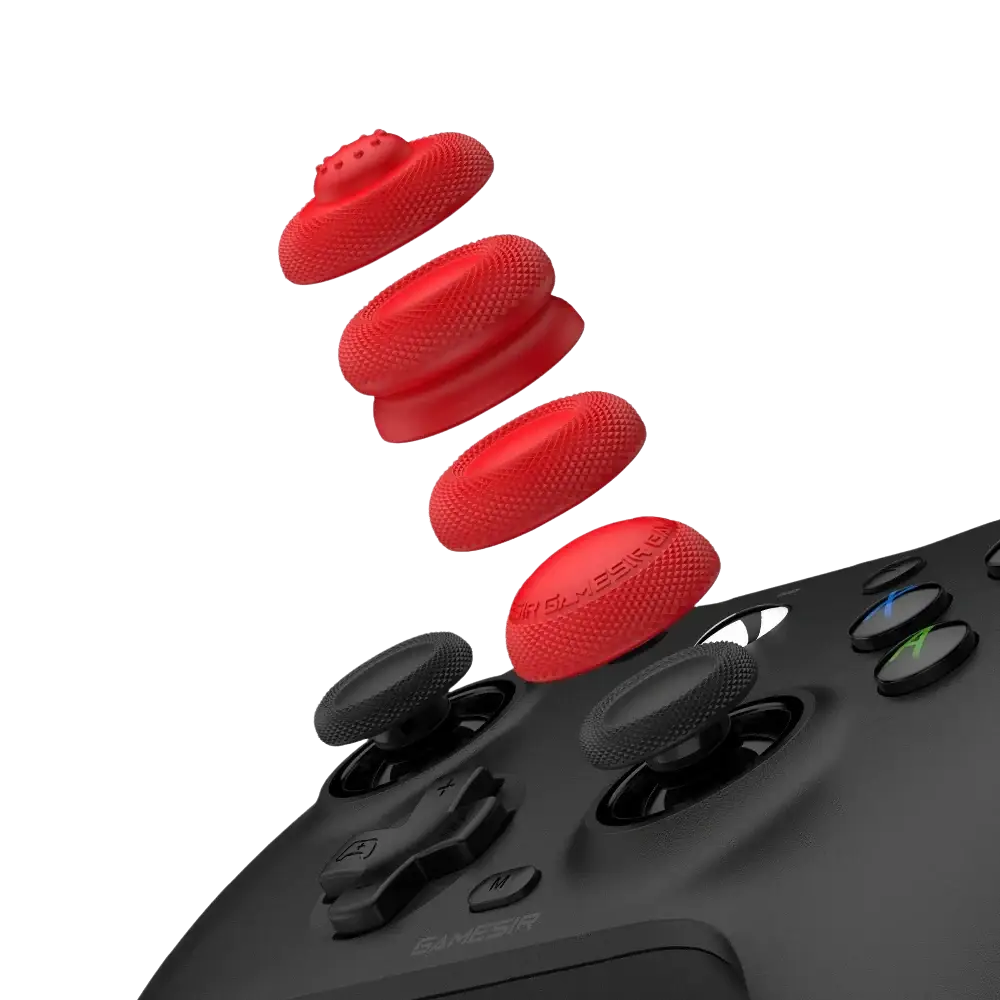 Red textured grip caps for a black Gamesir controller included in the Gamesir G7 magnetic faceplate and accessories kit