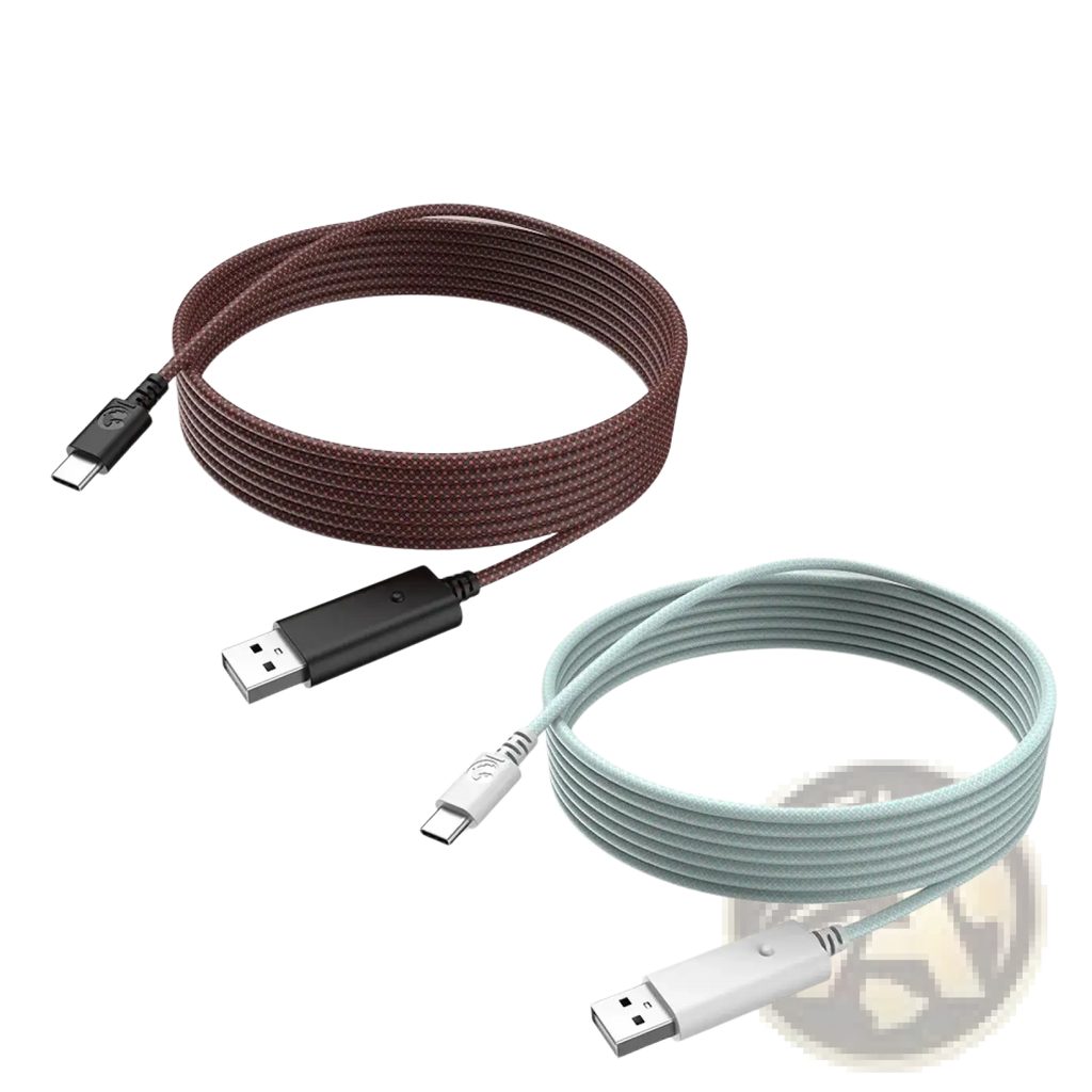 Two 10-foot usb-c to usb-a braided fabric cables in brown and light blue from the gamesir g7 magnetic faceplate kit