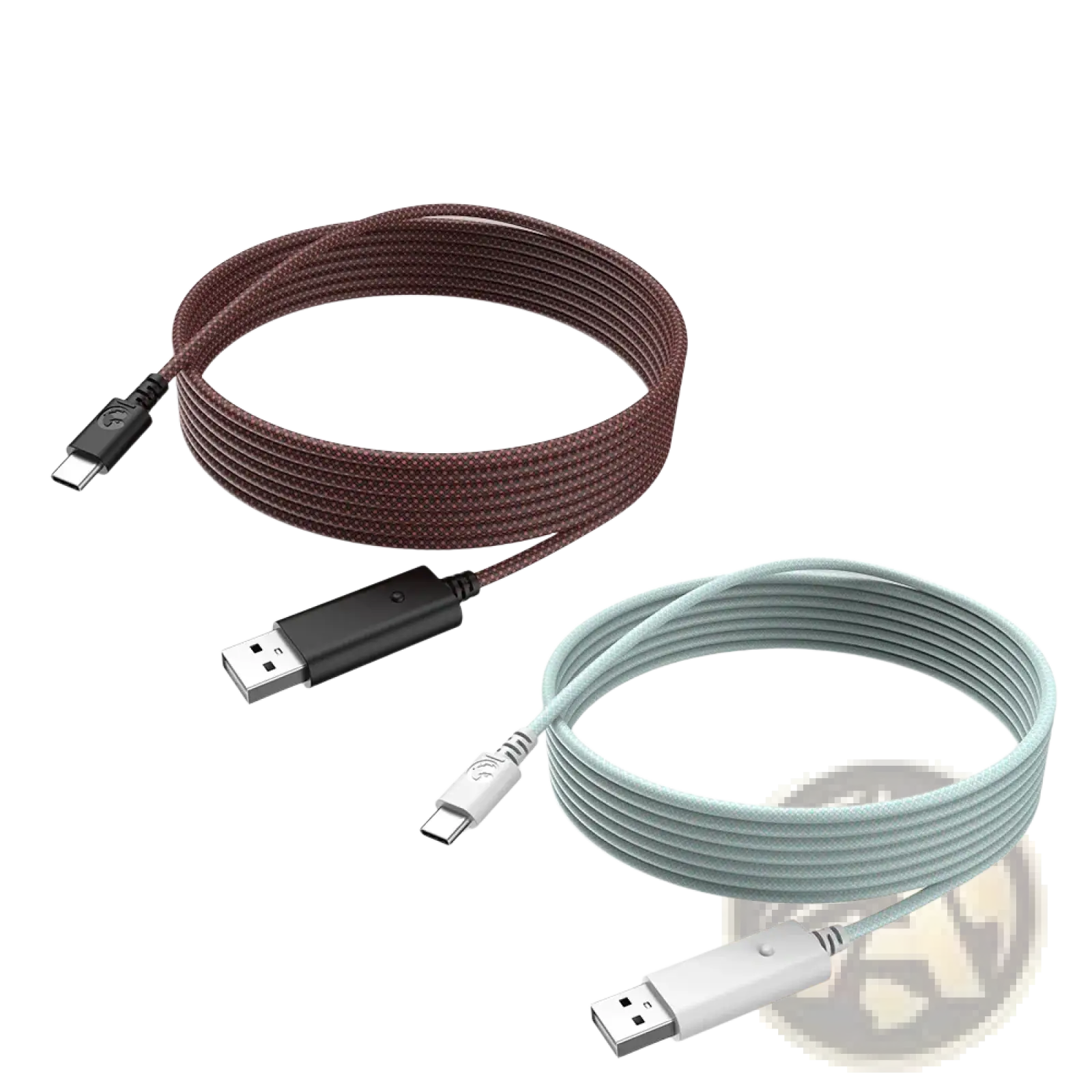 Two 10-foot usb-c to usb-a braided fabric cables in brown and light blue from the gamesir g7 magnetic faceplate kit
