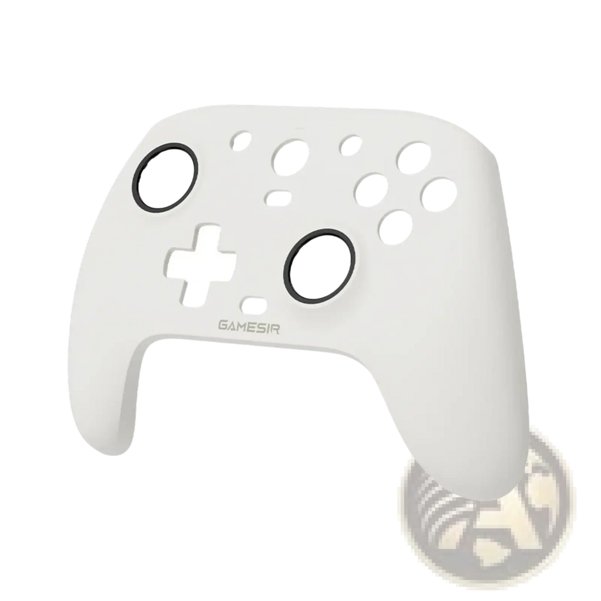 White gamesir controller grip with black circular accents around analog sticks in gamesir g7 magnetic faceplate kit