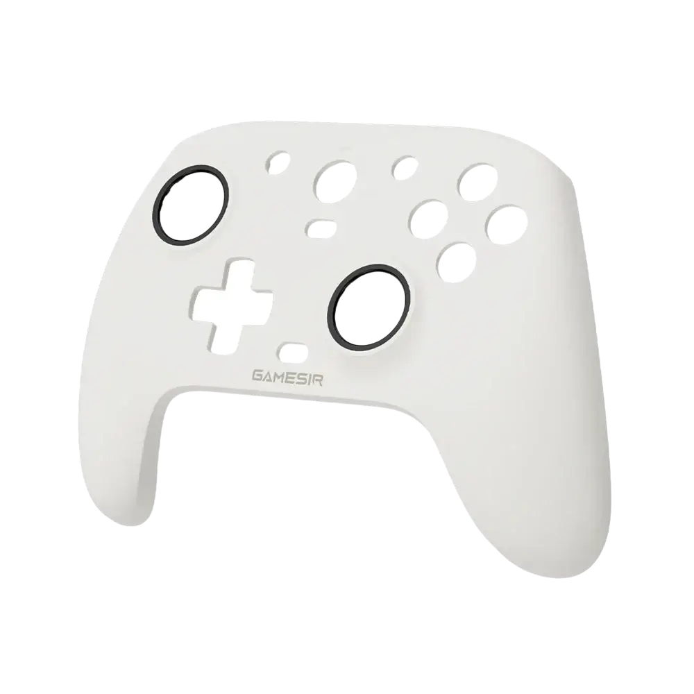 White gamesir controller grip with black circular accents around analog sticks in gamesir g7 magnetic faceplate kit