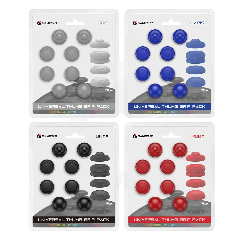 The image shows four gamesir g7 pro universal thumb grip packs in gray blue black and red with anti-friction rings for xbox series