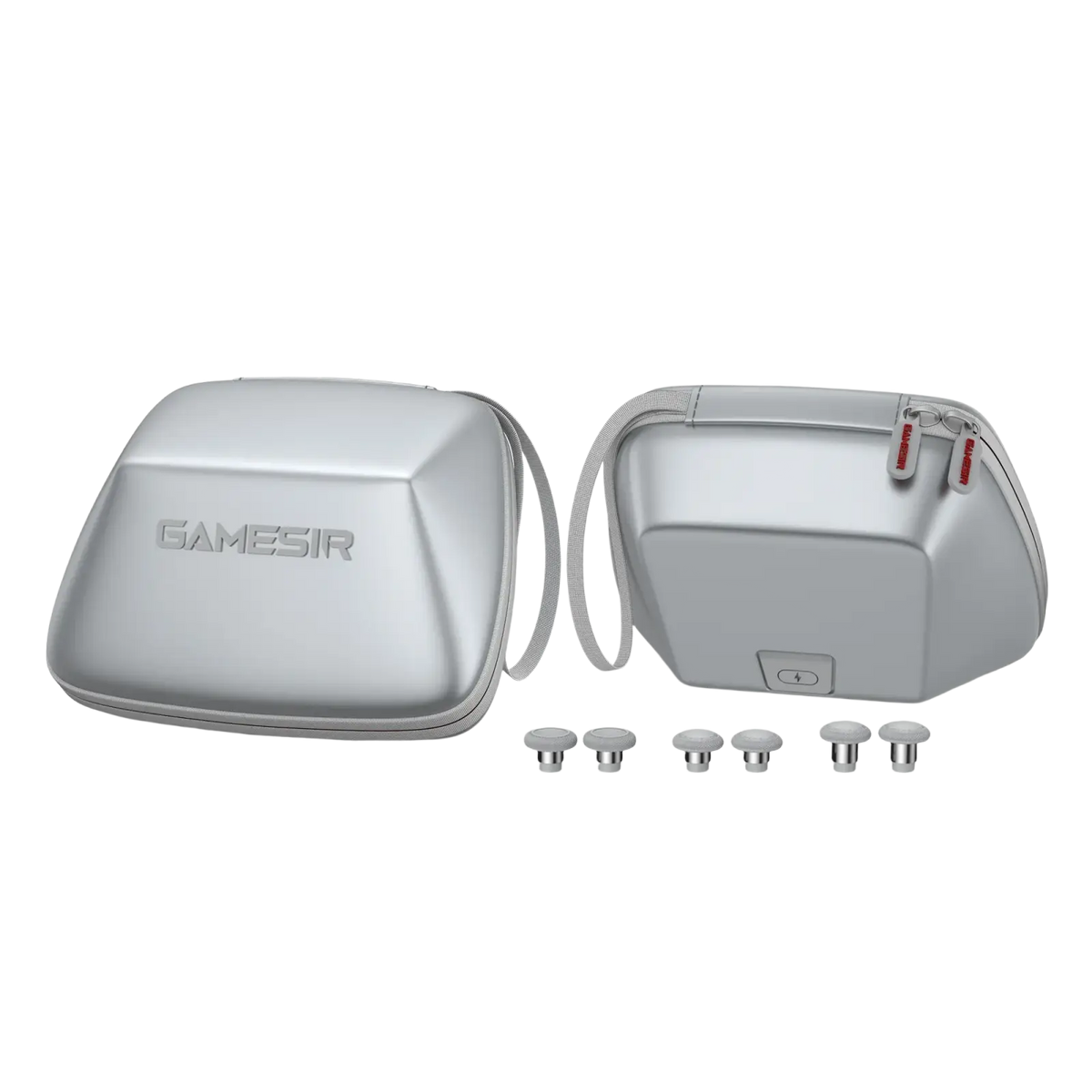 Silver gamesir g7 pro hard-shell controller case with red zipper pulls and silver anti-friction rings for xbox series