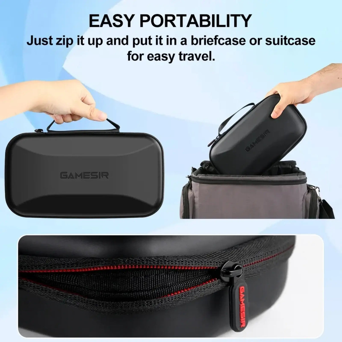 Black Gamesir G8 Plus hard-shell gaming console case with red zipper trim and branded pull tab for travel protection