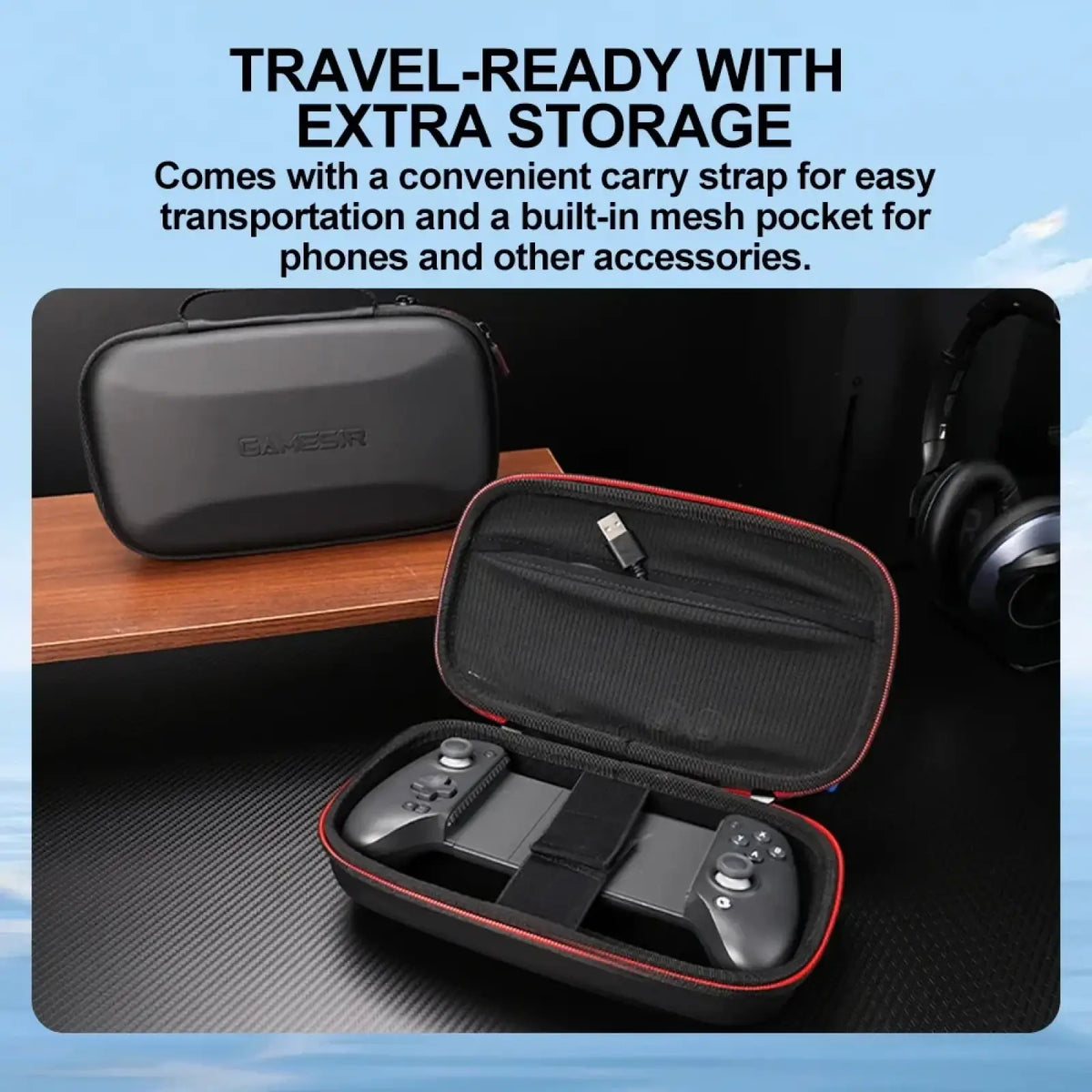 Black Gamesir G8 Plus carrying case with red trim and mesh pocket for accessory organization and travel protection