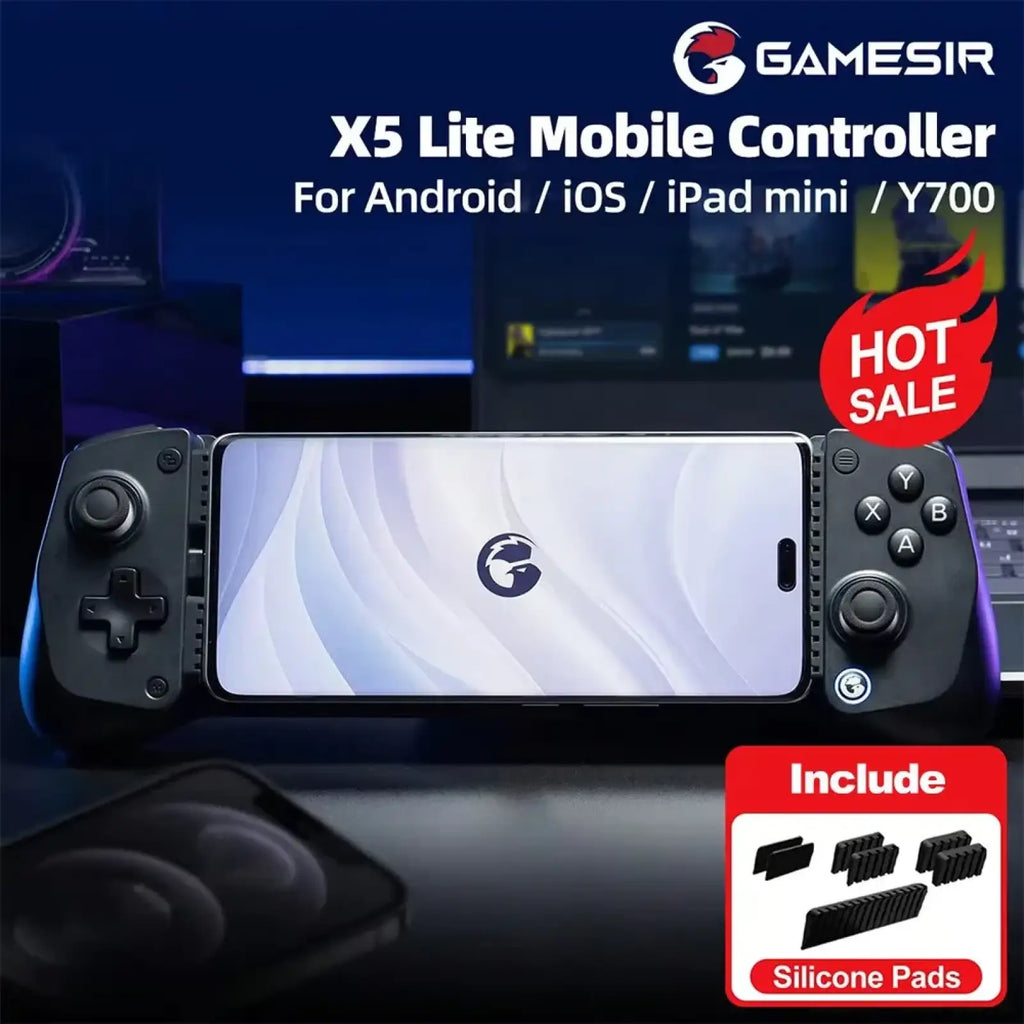 Black Gamesir X5 Lite mobile gaming controller with ergonomic design and textured grip for iOS and Android devices