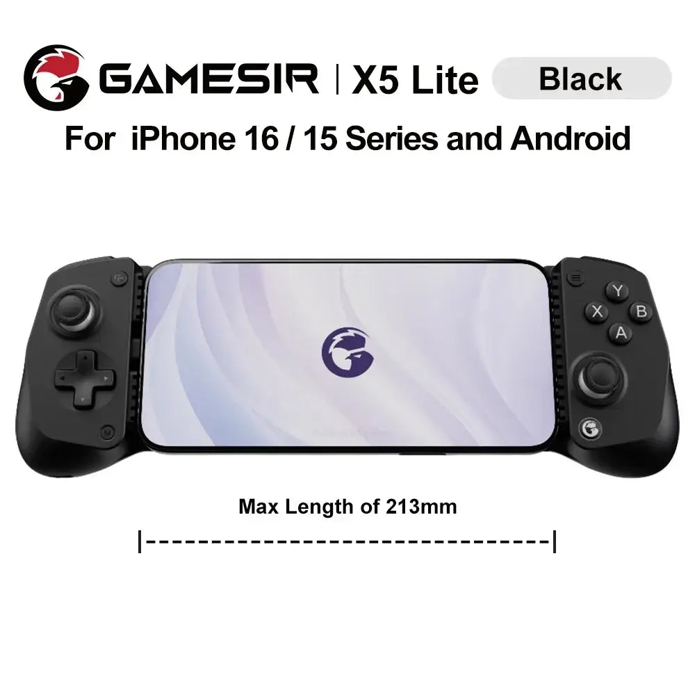 Black Gamesir X5 Lite mobile gaming controller with ergonomic grips and standard button layout for iOS and Android