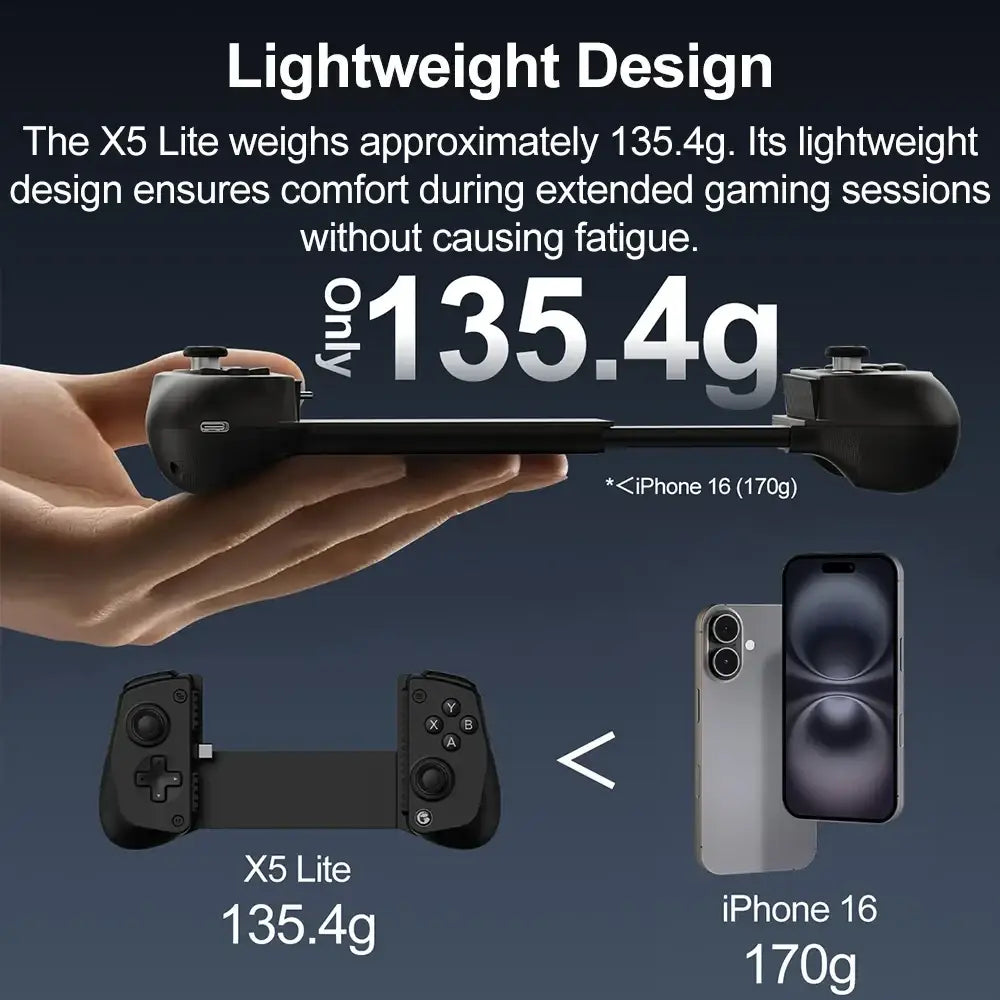 Black Gamesir X5 Lite handheld mobile gaming controller with ergonomic grips and dual analog sticks for iOS and Android