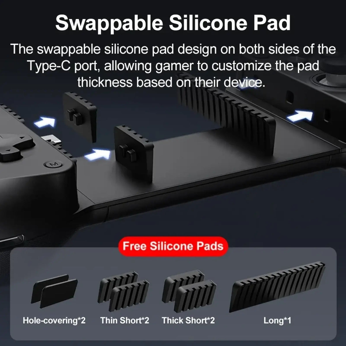 Black swappable silicone pads for type-c port in various thicknesses for gamesir x5 lite mobile gaming controller for ios and android