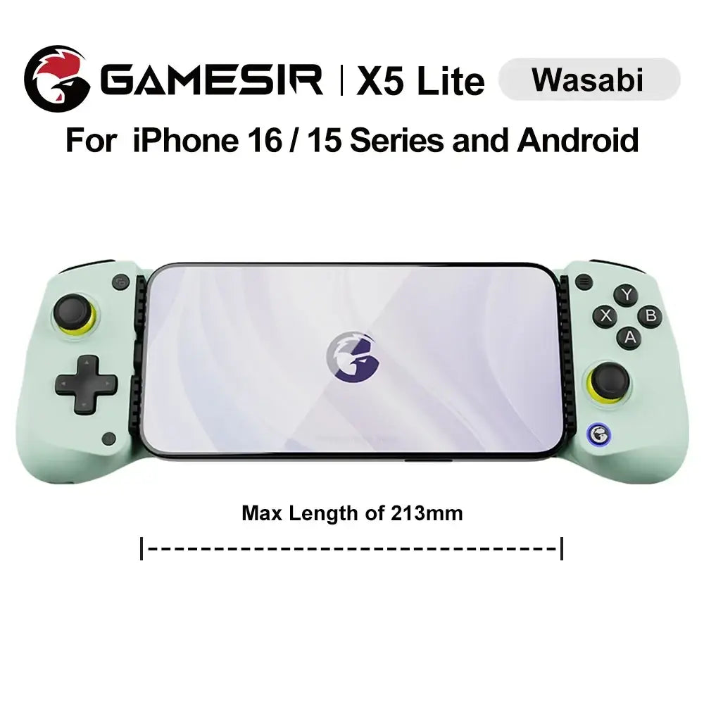 Gamesir X5 Lite mobile gaming controller in mint green with black and yellow accents for iOS and Android devices