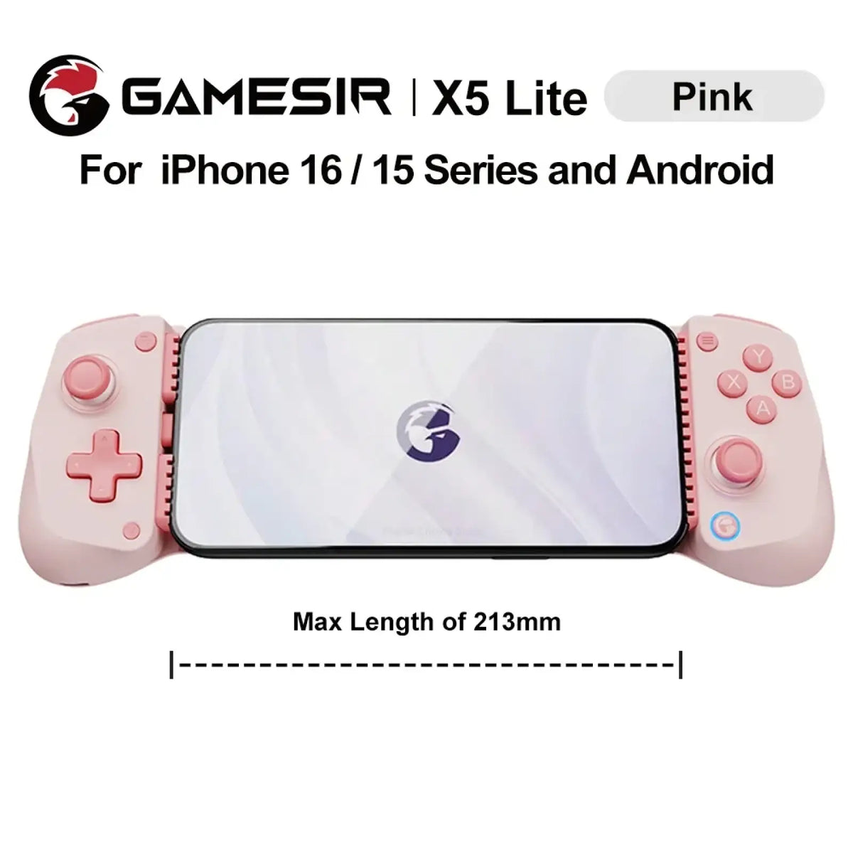 Pink Gamesir X5 Lite mobile gaming controller for iOS and Android with soft-touch plastic grips and ergonomic button layout