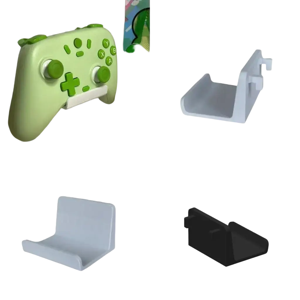 Light green plastic game controller mounted on a wall bracket for organized storage and display
