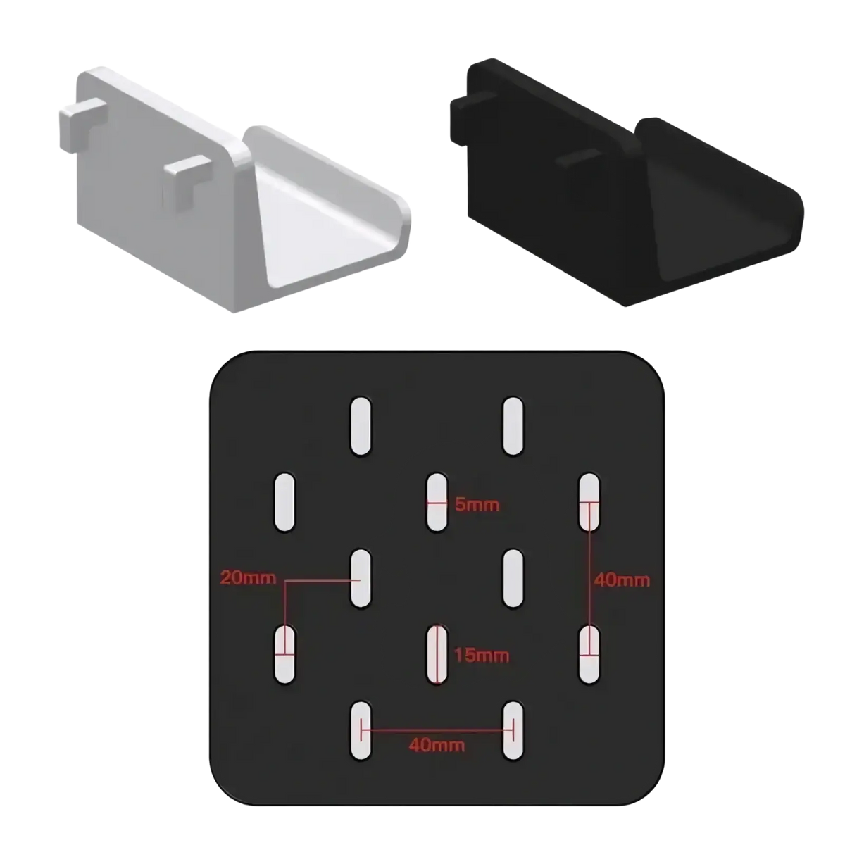 Black and white plastic game controller pegboard mount holder with precise dimensional markings for easy installation