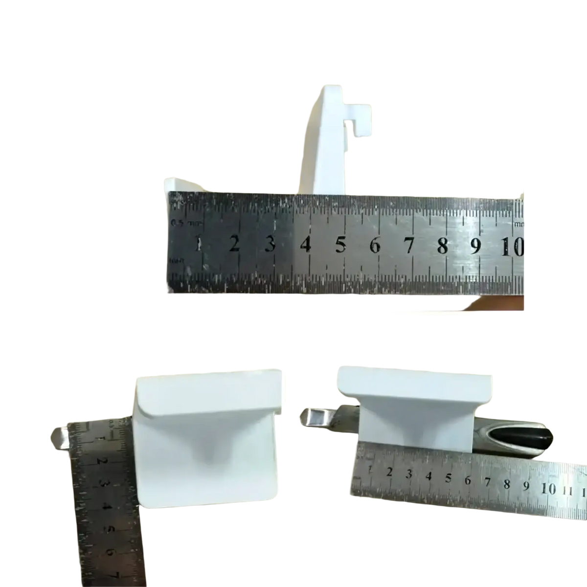 White plastic shelf bracket with flat base and upward-curving arm for game controller pegboard mount holder