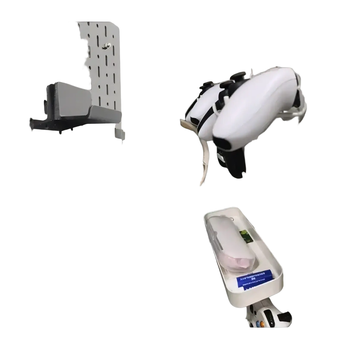 White PlayStation 5 controller mounted on a wall-mounted pegboard mount holder for organized storage