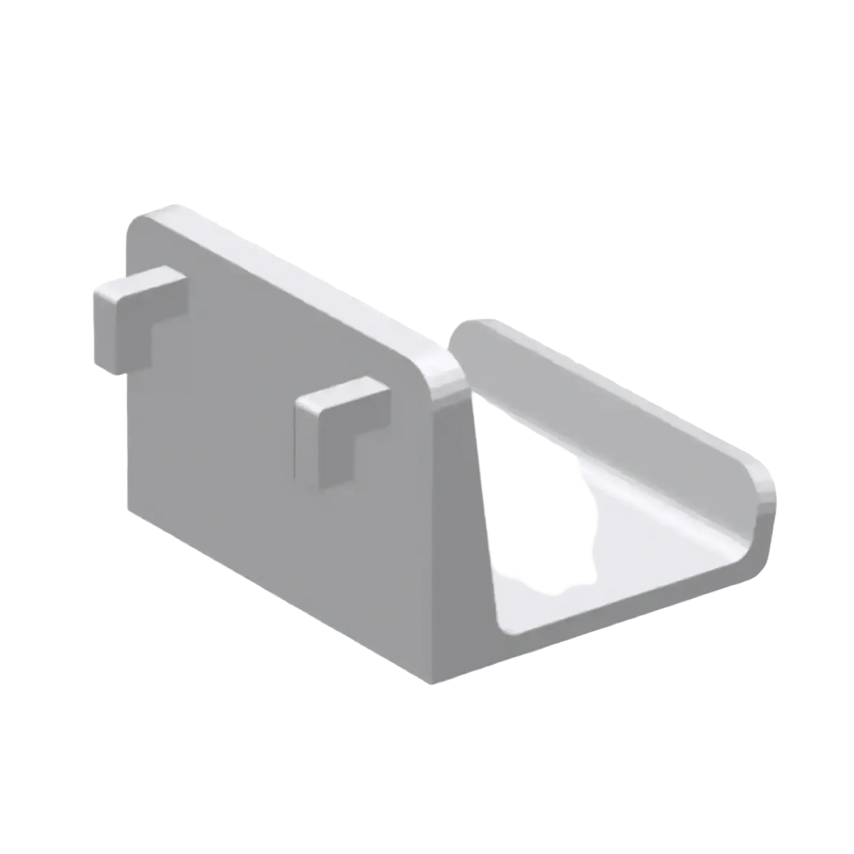 Gray plastic l-shaped game controller pegboard mount holder with two square mounting tabs shown from back side
