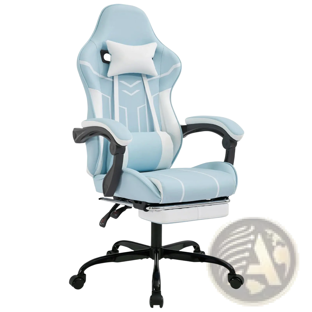 Light blue and white gaming chair with black armrests footrest and massage lumbar support for comfortable seating