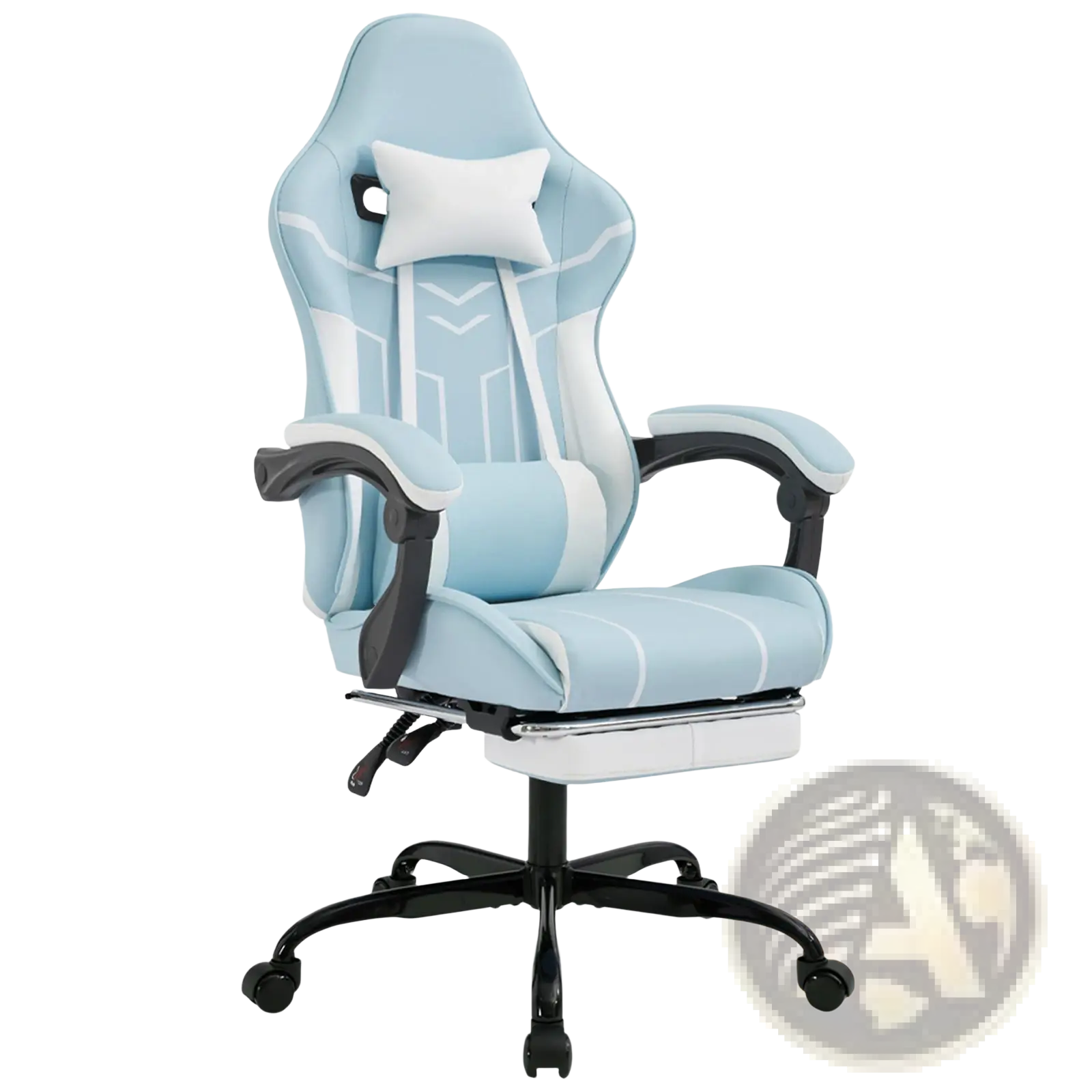 Light blue and white gaming chair with black armrests footrest and massage lumbar support for comfortable seating