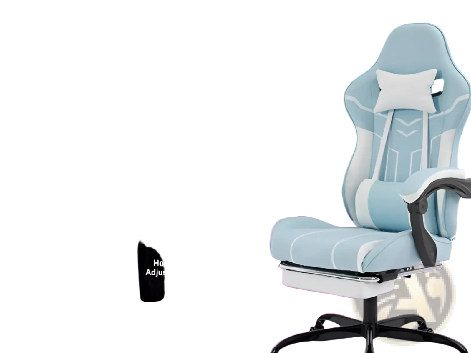 Light blue and white gaming chair with black accents featuring ergonomic design footrest and massage lumbar support