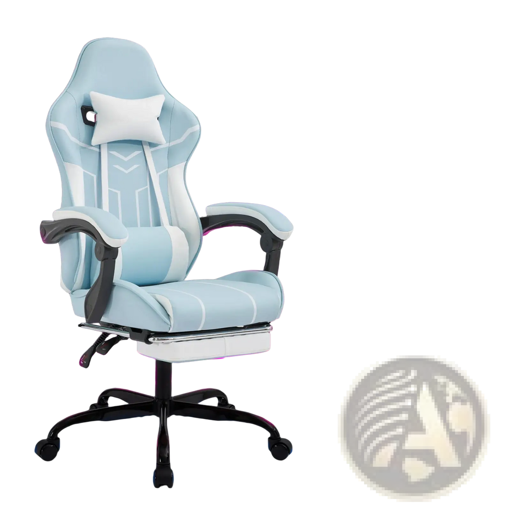 Light blue and white gaming chair with footrest and massage lumbar support featuring a sleek ergonomic design