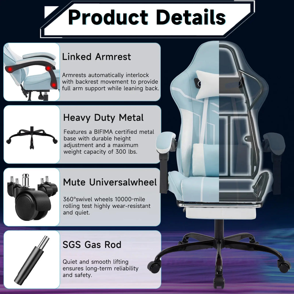 Light blue and white gaming chair with footrest massage lumbar support linked armrests and heavy-duty metal base