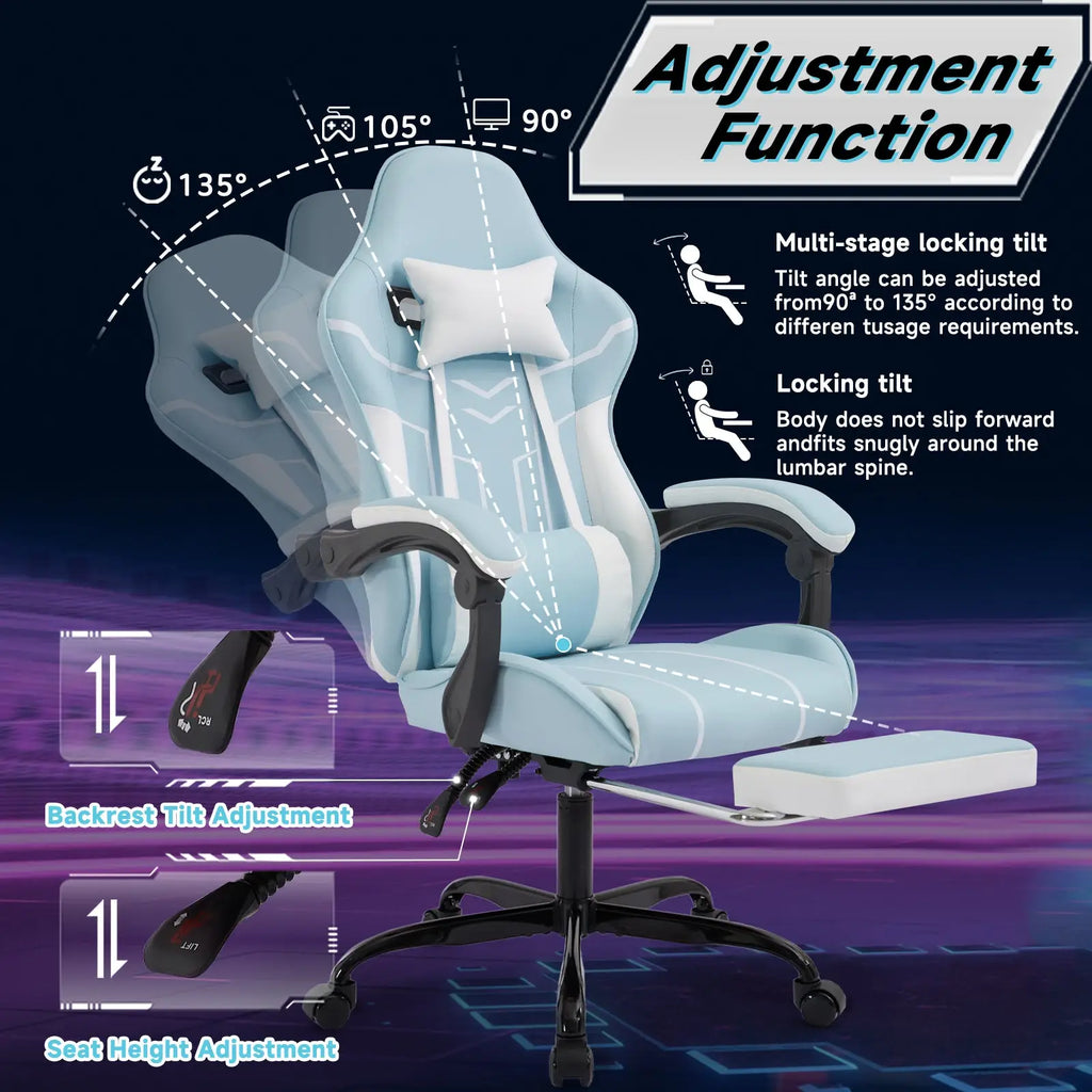 Light blue gaming chair with white accents black armrests and multi-stage locking tilt for comfort and support