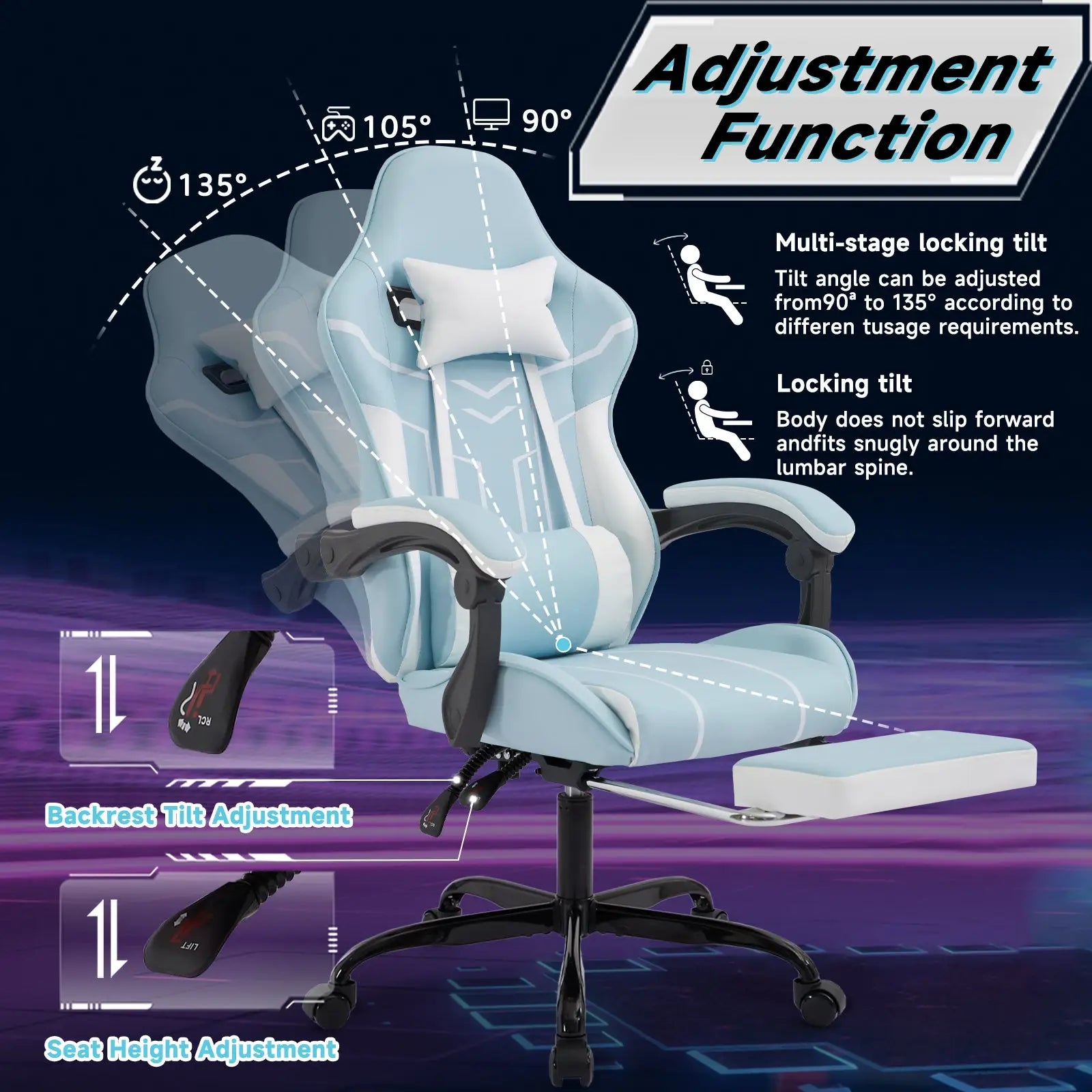 Light blue gaming chair with white accents black armrests and multi-stage locking tilt for comfort and support
