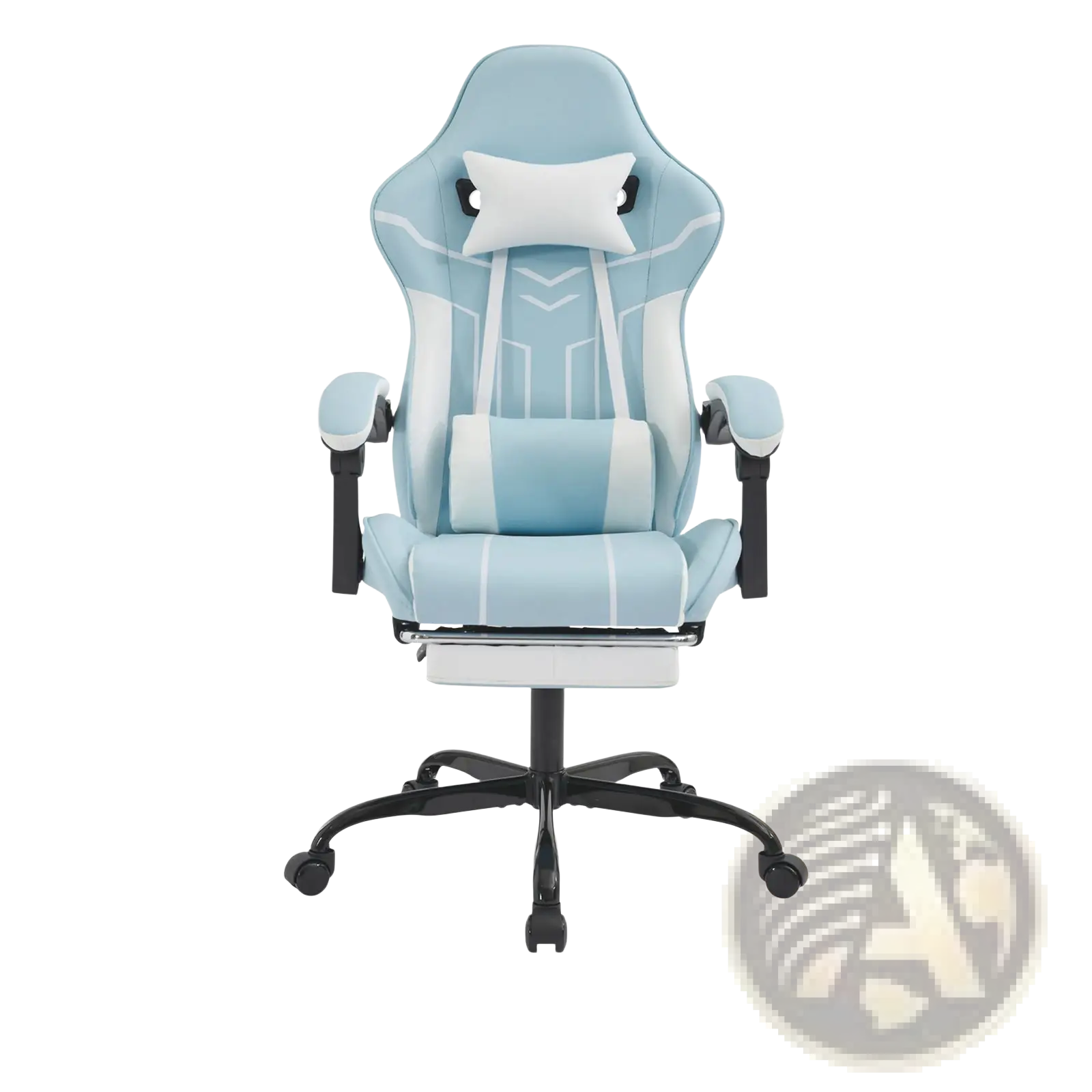 Light blue and white gaming chair with footrest and massage lumbar support featuring padded armrests and modern design