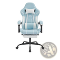 Light blue and white gaming chair with footrest and massage lumbar support featuring padded armrests and modern design