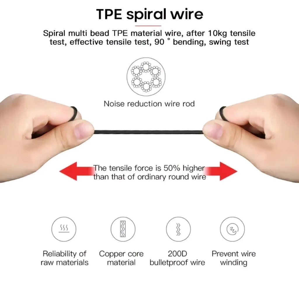 Black tpe spiral wire with copper core and multi-bead design for enhanced tensile strength in gaming earbuds with mic