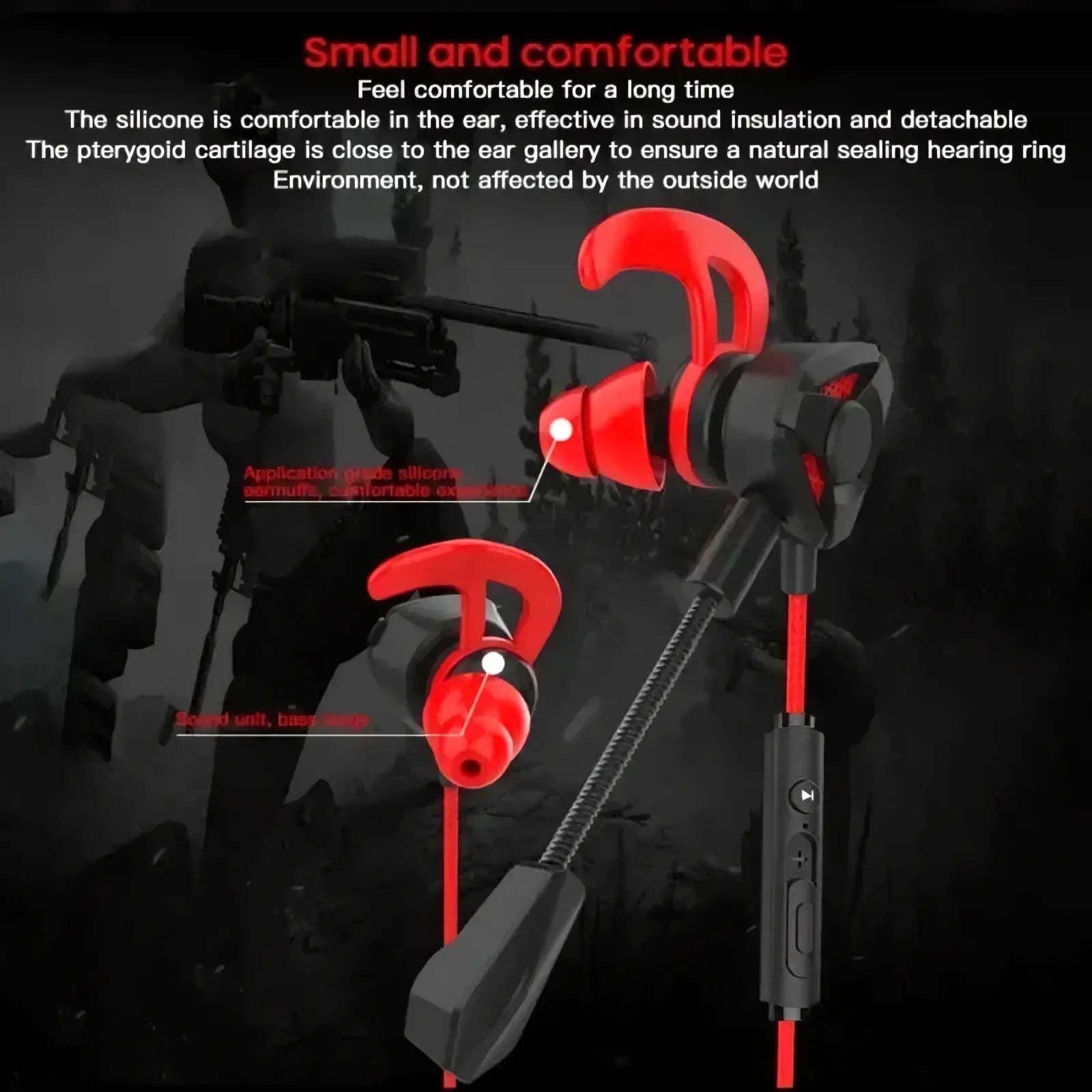 Gaming earbuds with mic wired in-ear headset in red and black with silicone ear tips for comfortable gaming