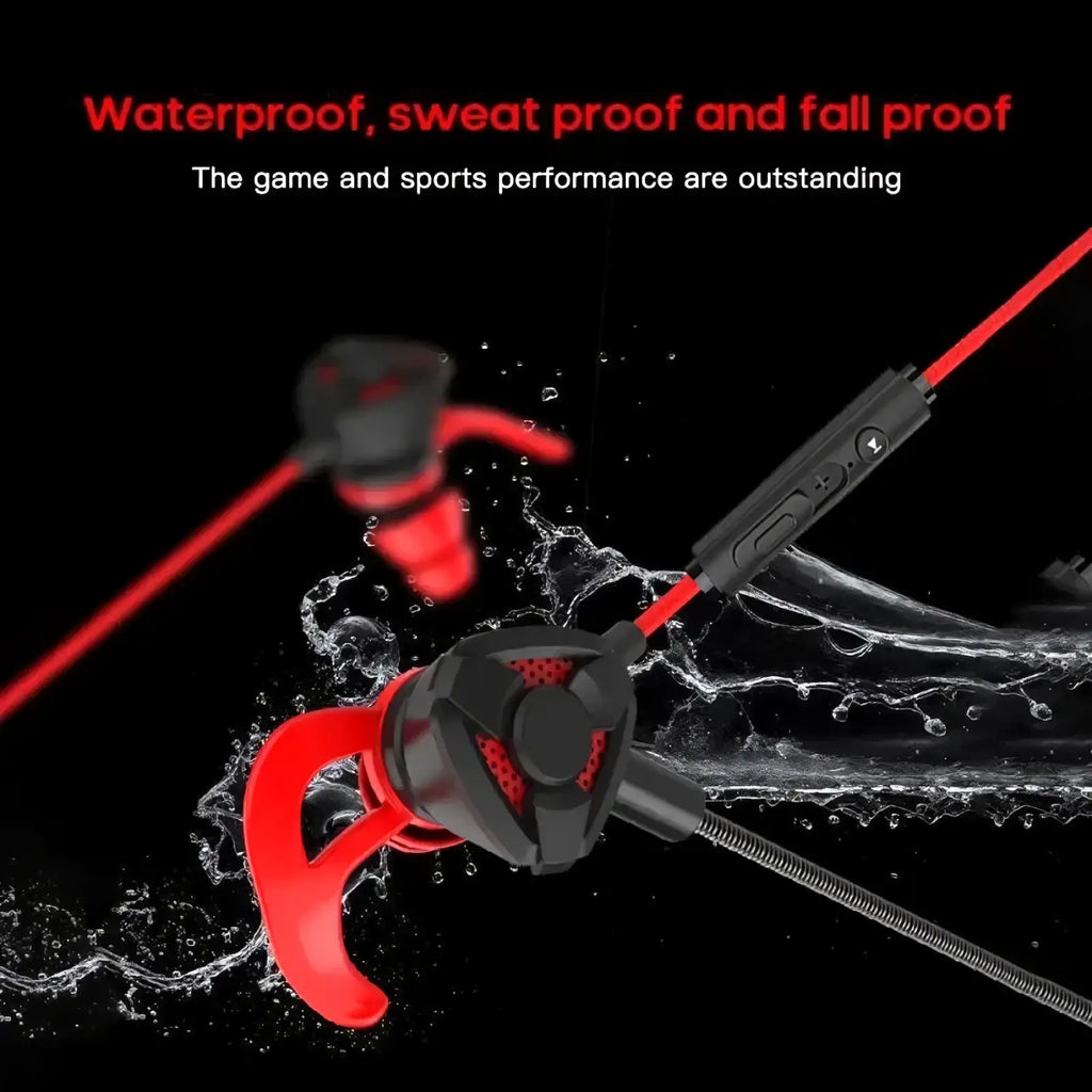 Gaming earbuds with mic wired in-ear headset in red and black featuring a flexible curved design for secure fit
