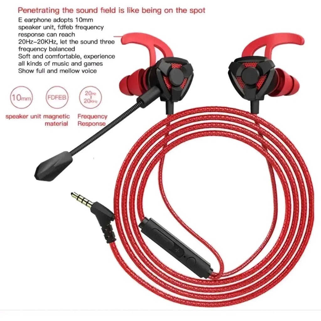 Red and black wired gaming earbuds with mic featuring 10mm speakers and adjustable cable for in-ear headset use