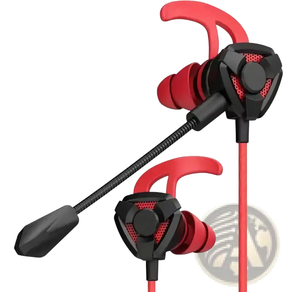 Red and black wired gaming earbuds with mic featuring a flexible microphone arm for in-ear use