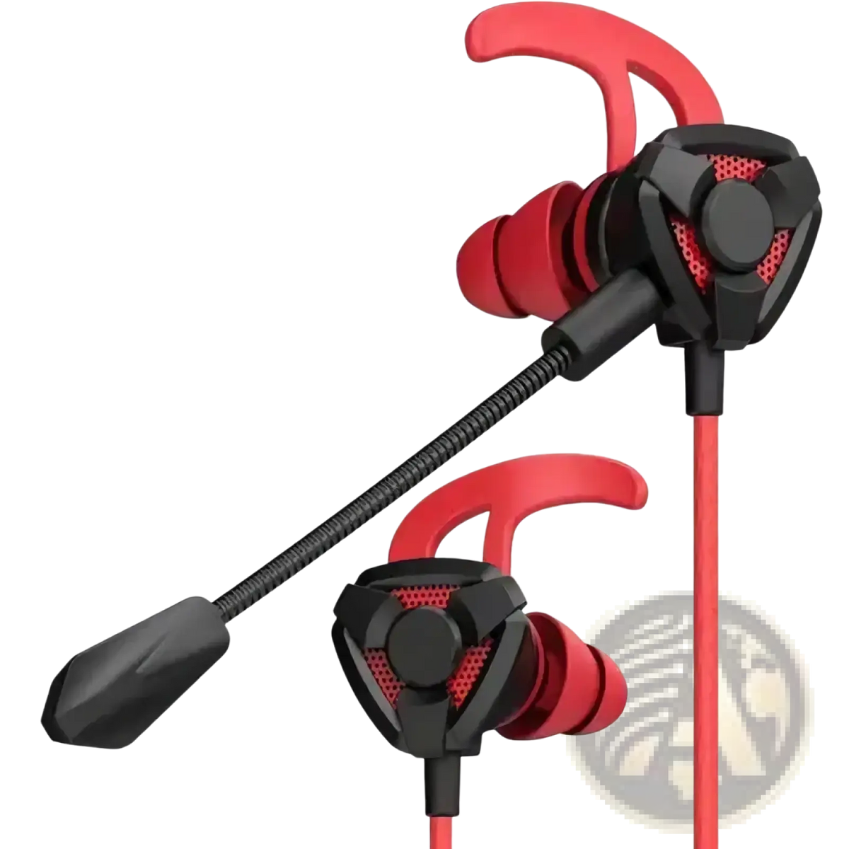 Red and black wired gaming earbuds with mic featuring a flexible microphone arm for in-ear use