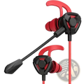 Red and black gaming earphones with a flexible microphone arm designed for mobile and console use