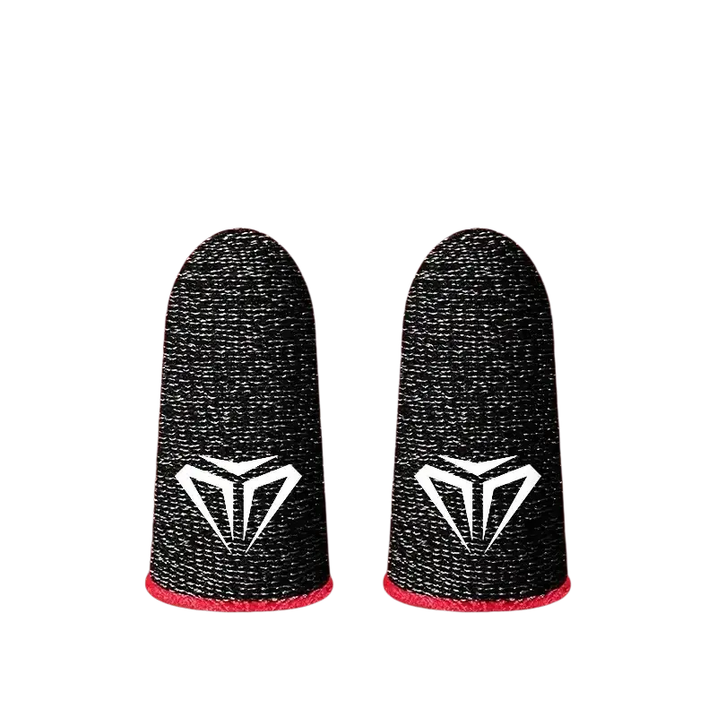 Black gaming finger sleeves with breathable sweatproof textured super conductive fiber weave and red trim at base