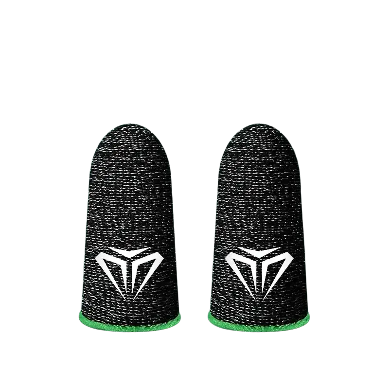 Black gaming finger sleeves with breathable sweatproof super conductive fiber weave and green trim at the base